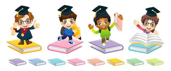 Set of cute boy and girl students with a book, back to school, education, print, artwork, doodle, vector illustration (Vector)