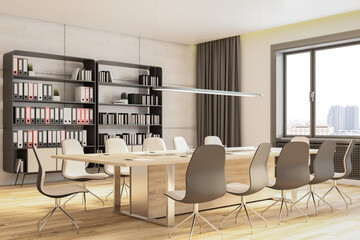 Perspective view of modern empty office interior with wooden floor, concrete walls and large meeting table, window with city view and furniture. Business background and workspace concept, 3D Rendering