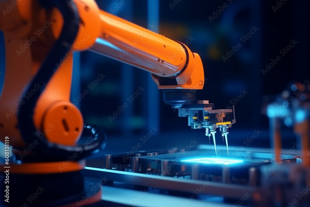 Fototapete Robotic arm for electronic assembly line. Smart modern factory automation using advanced machines. Generative AI