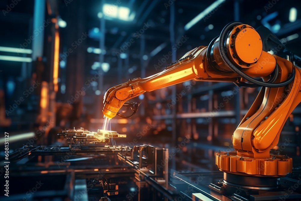 Poster Robotic arm for electronic assembly line. Smart modern factory automation using advanced machines. Generative AI