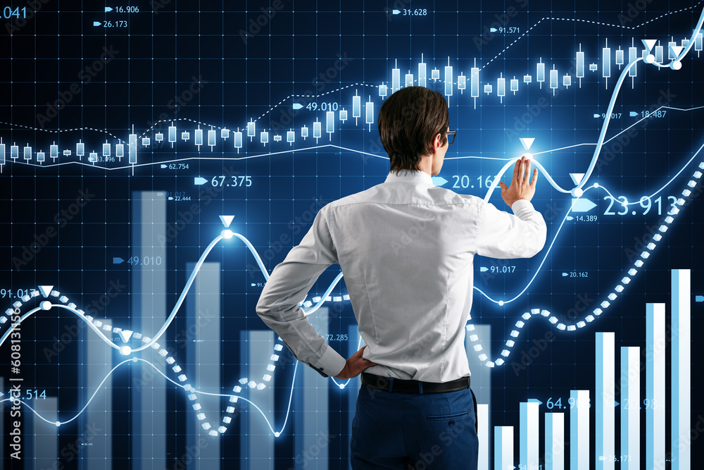 Poster back view of young businessman using creative candlestick forex chart or graph on blue background. f