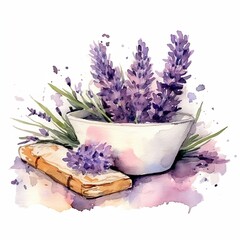 Watercolor illustration of lavender flowers and lavender soap - Generative AI