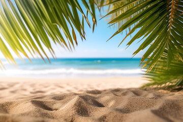 Fototapeta na wymiar Tropical beach with palm leaves. Generative AI