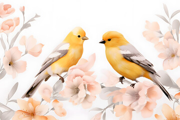 Fototapeta premium Pair of yellow birds in spring nature. Pastel color style in pink tones - Generative AI