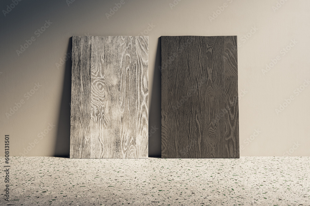 Poster empty wooden panels leaning on concrete wall. design and mock up template. 3d rendering.