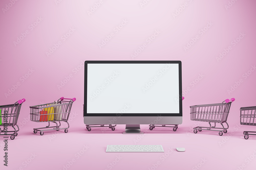 Aufkleber creative online shopping concept with trolleys and empty white mock up computer screen on pink backg