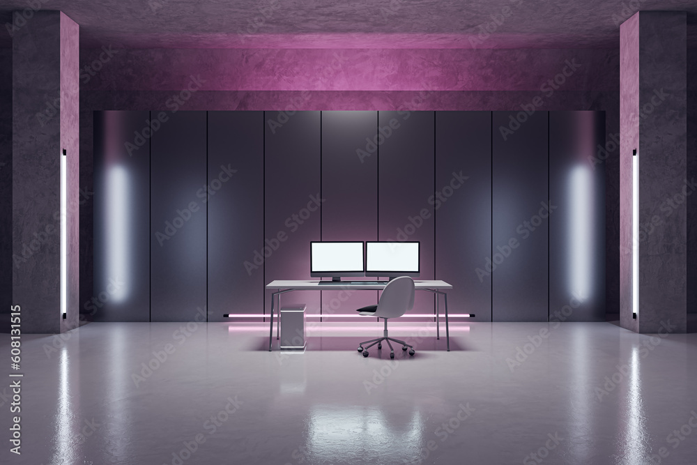 Aufkleber Abstract pink interior with workplace and two empty white mock up computer monitors, reflections on floor. Hackers workspace concept. 3D Rendering.