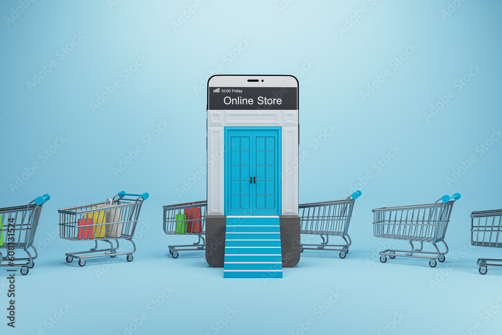 Poster creative online shopping concept with trolleys and smartphone with abstract stairs on blue backgroun