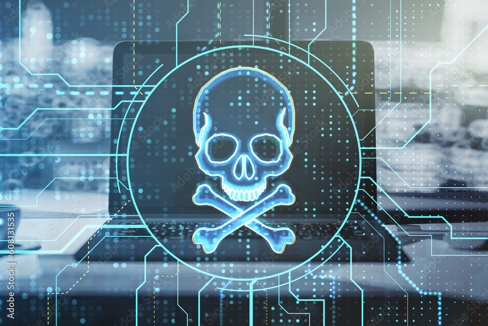Aufkleber Hacking attack and ransomware creative concept with blue skull and bones virtual hologram on modern laptop and desk background, double exposure
