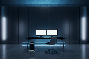 Creative dark blue interior with workplace and two empty white mock up computer monitors, reflections on floor. Hackers workspace concept. 3D Rendering.