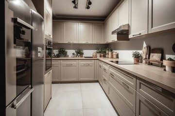 Fototapeta premium Interior of modern kitchen with appliances at home, generative AI