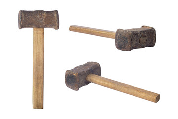 set sledgehammer with wooden handle isolated from background