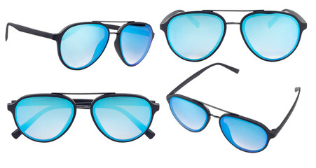 kit modern trendy blue glass sunglasses isolated from background