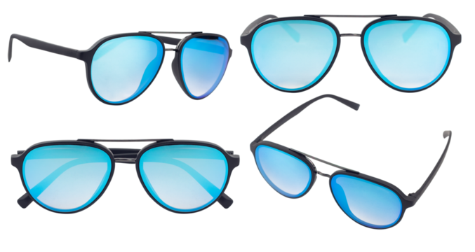 kit modern trendy blue glass sunglasses isolated from background