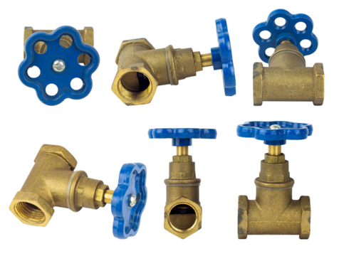 set faucet, pipe connection valve, brass pipe gate valve isolated from background