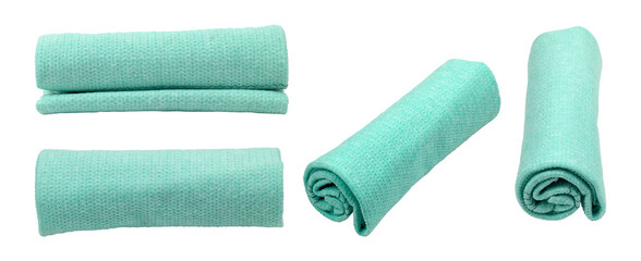 set of blue towel rolled into a tube from different angles