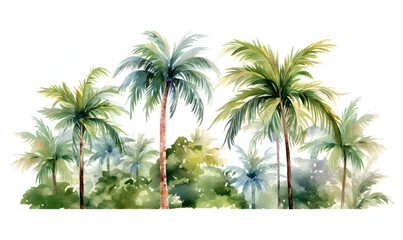 A refreshing watercolor painting depicting a serene row of tropical palm trees, their lush fronds swaying gently against a soft, muted background