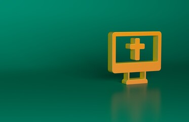 Obraz premium Orange Christian cross on monitor icon isolated on green background. Church cross. Minimalism concept. 3D render illustration