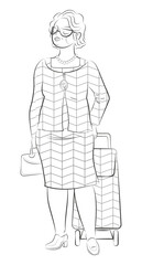 Dessin noir et blanc pour coloriage, femme âgée portant un tailleur jupe et un sac à main, sac de courses au motif géométrique assorti, illustration d'un personnage féminin senior chic