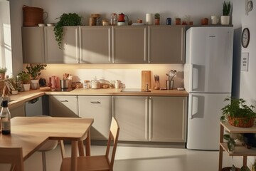 Fototapeta na wymiar Modern light domestic kitchen in apartment, generative AI