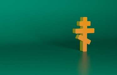 Orange Christian cross icon isolated on green background. Church cross. Minimalism concept. 3D render illustration