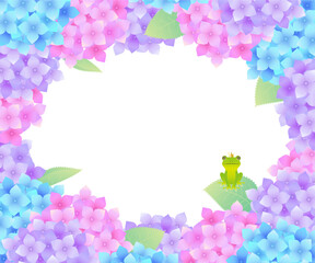 紫陽花とアマガエルのイラストフレーム素材 ベクター 梅雨イメージ