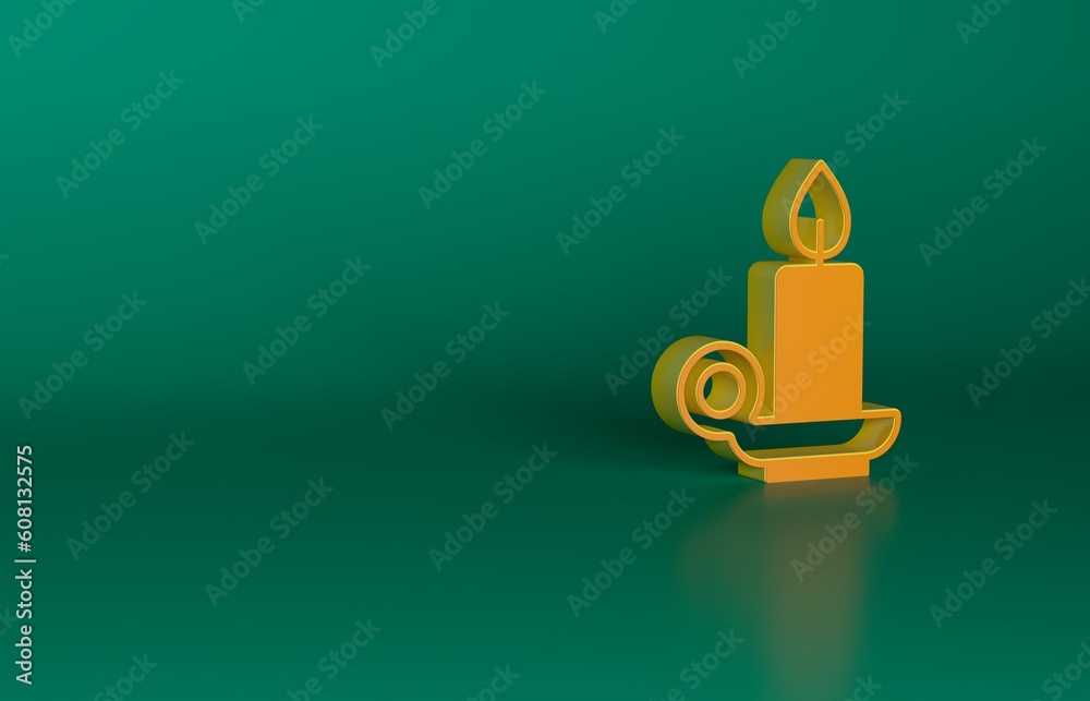 Sticker orange burning candle in candlestick icon isolated on green background. cylindrical candle stick wit