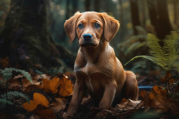 Lively Puppy Enjoying the Picturesque Forest. Generative AI