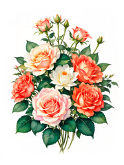 Colorful roses on white background, watercolor style. Generative AI