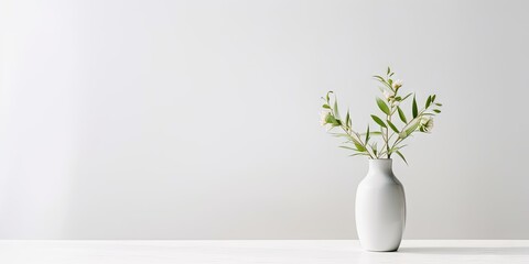 Product Showcase. Interior Design Inspiration Table with Green Plant and white Vase on a Table in house