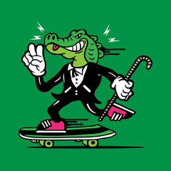 Skateboarding Crocodile Alligator in Tuxedo Mascot Character Design Vector