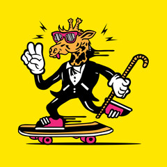 Skateboarding Giraffe in Tuxedo Mascot Character Design Vector