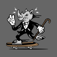 Skateboarding Rhinoceros in Tuxedo Mascot Character Design Vector