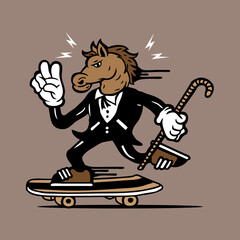 Skateboarding Horse in Tuxedo Mascot Character Design Vector