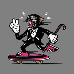 Skateboarding Black Panther in Tuxedo Mascot Character Design Vector