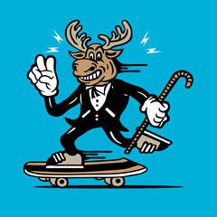 Skateboarding Moose in Tuxedo Mascot Character Design Vector