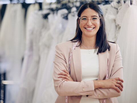 Arms crossed, fashion and designer with portrait of woman in bridal store for wedding dress, creative and boutique. Small business, retail and tailor with female employee for clothes and workshop