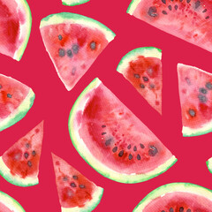 Watercolor tropical watermelon slices fruit illustration seamless pattern. On a Viva Magenta background. Hand painted. Repeating summer fruit background. Bright and juicy. Fruits pattern.