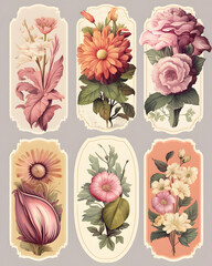 Collection of delicate botanical illustrations, each card showcasing a different floral specimen in soft pastel hues, reminiscent of a classical botanical study