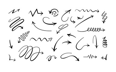 Vector illustration of Set of hand drawn arrows in black and white color with sketch doodle style. Perfect for backgrounds, textures, or decorative elements in various media