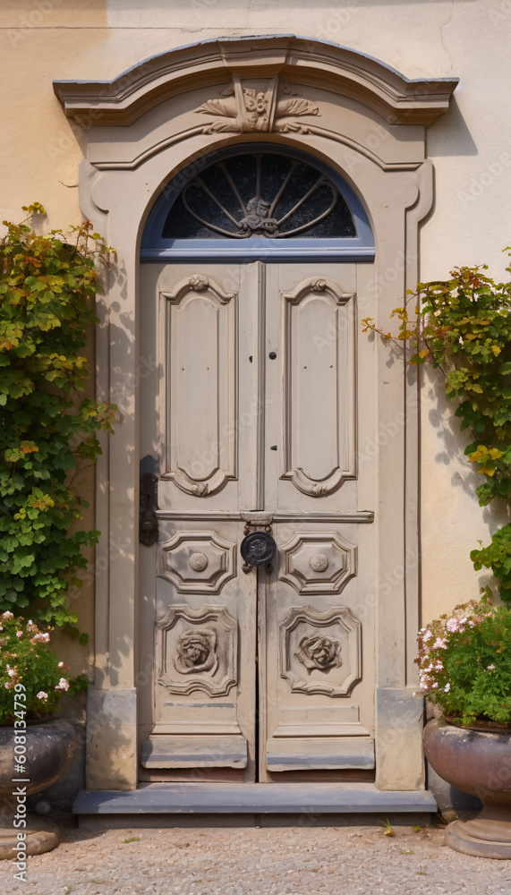 Wall mural Vintage white front door on the facade of an old house, AI generated