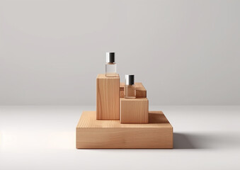 Empty round wooden podium for product presentation,  on grey background. Natural materials background for cosmetic advertising with cylinder shape showcase. Mockup concept. Generative ai