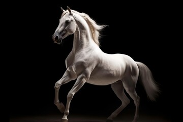 Plakat Standing and rearing silver white horse in studio interior dramatic lighting isolated on black with copy space area,Generative AI.