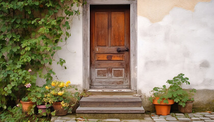Fototapeta na wymiar Entrance rustic wooden door on the facade of a cozy country house or cottage with plants. AI generated