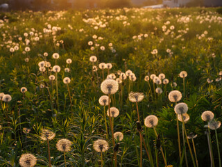 large field of blooming dandelions in the evening