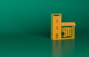 Orange Building of fire station icon isolated on green background. Fire department building. Minimalism concept. 3D render illustration