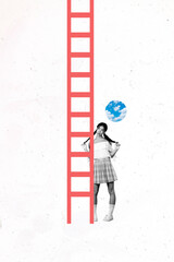 Vertical collage picture of black white colors girl arms hold play hair tails think clouds sky big painted ladder isolated on white background