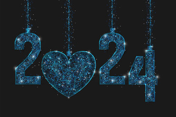 Abstract isolated blue image of new year number 2024. Polygonal low poly wireframe illustration looks like stars in the blask night sky in spase or flying glass shards. Digital web, internet design. © Katsiaryna