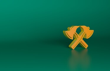 Orange Firefighter axe icon isolated on green background. Fire axe. Minimalism concept. 3D render illustration