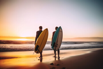 Back View Of Two Surfers With Surfboards At The Beach Heading To The Waves At Beautiful Sunrise - Generative AI